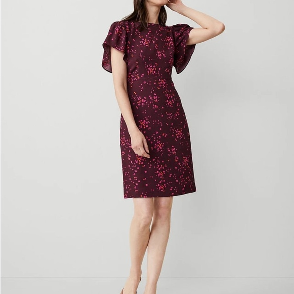 Ann Taylor Burgundy Floral Midi Dress puff sleeve size 10 women’s